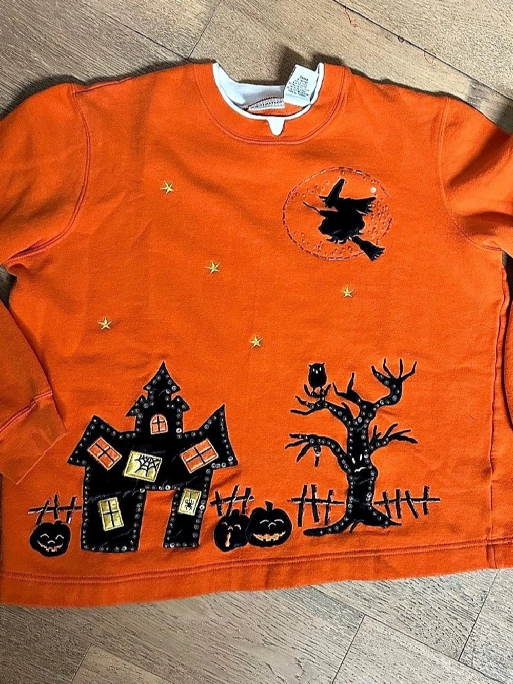 Vintage White Stag Halloween Sweatshirt 90s Beaded Witch Haunted House Orange